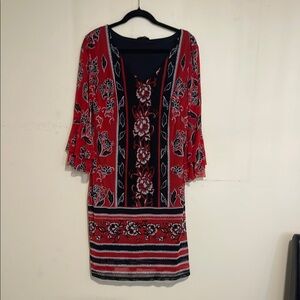 Allison Brittney Red and Blue Sheath Dress with Bell Sleeves